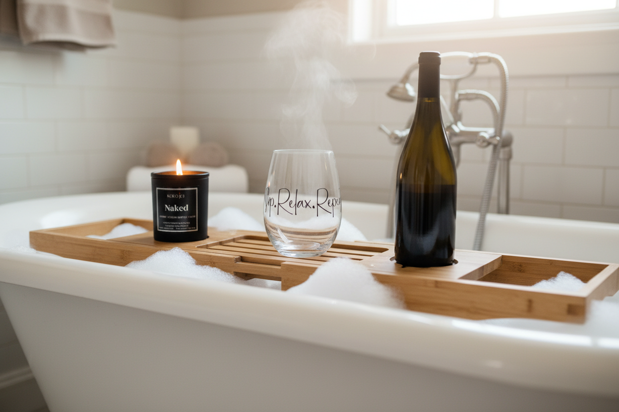 Wine Glass Bathtub Tray with Koko Joi Candle on Left
